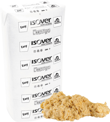 Vit förpackning märkt "ISOVER SAINT-GOBAIN Easy" med en hög gul isoleringsmaterial bredvid.