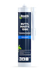 Vit tub med Bostik Butyl Mastic 1590 etikett, innehåller förpackningsinformation och illustrationsbilder av tillämpningar.
