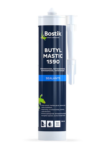 Vit tub med Bostik Butyl Mastic 1590 etikett, innehåller förpackningsinformation och illustrationsbilder av tillämpningar.