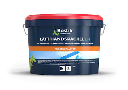 Plastburk med rött lock märkt "Bostik LÄTT HANDSPACKEL LH" och illustrationer av en ödla och vågor.