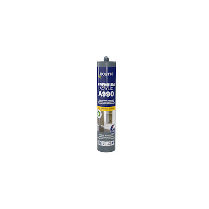 Förpackning av Bostik Premium Acrylic A990 i äggskalsvit, med text och symboler på etiketten.