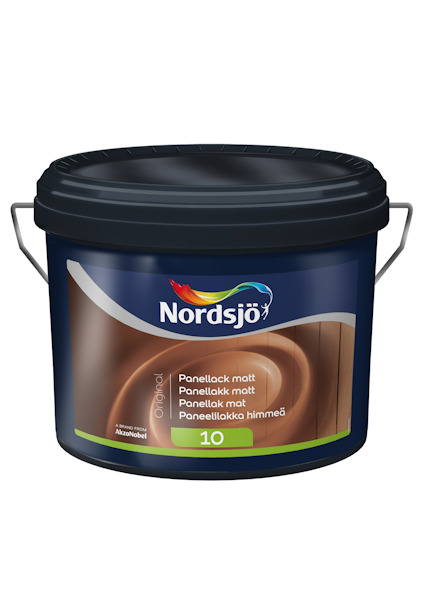 Målarburk med etikett "Nordsjö Panellack matt" och handtag, blå med svart lock.