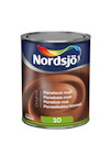 Färgburk med etikett "Nordsjö" och text "Panellack matt" på flera språk, brun bakgrund.