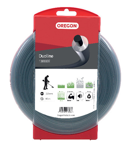 Röd och svart förpackning innehållande grå trimmertråd, etikett med text "Oregon Duoline 106502E", ikoner och produktinformation.
