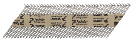 Rader av spik sammanfogade med papperstejp med tryckt text "Paslode nailing system".