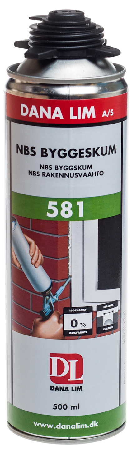 Sprayburk märkt "Dana Lim NBS Byggeskum 581" med bilder av skumanvändning och text på etiketten.