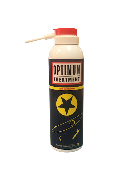 Sprayburk med etikett "OPTIMUM TREATMENT" och illustrationer av stjärnor och planeter.
