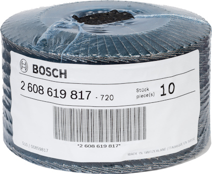 Rulle med band från Bosch, artikelnummer 2 608 619 817, 10 stycken. Tillverkad i Schweiz. Streckkod synlig.