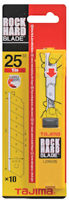 Förpackning av Tajima-brutblad med texten "ROCK HARD BLADE", visar illustration av bladbyte.