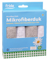 Förpackning med fyra grå och vita mikrofiberdukar, märkt "Mikrofiberduk".