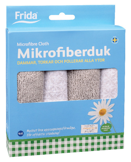 Förpackning med fyra grå och vita mikrofiberdukar, märkt "Mikrofiberduk".