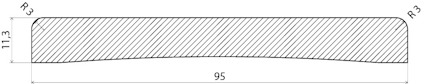 Tvärsnitt av en rektangulär planka med måtten 113x95 mm och avrundade hörn med radie R3.
