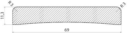 Tvärsnitt av profilerad remsa med mått: 69 längd, 11,3 höjd, och R3 i hörn. Diagonal fyllning.