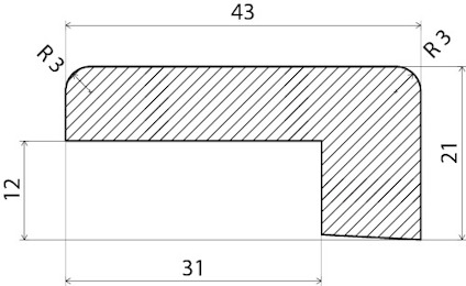 Tvärsnitt av en L-formad del med måtten 43x21 mm och en inre urtagning med måtten 31x12 mm. Radie R3.