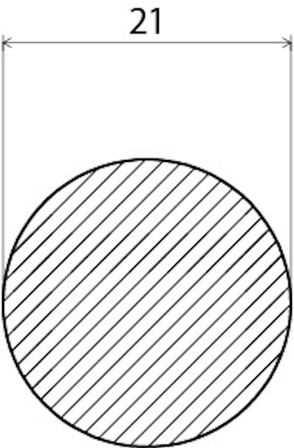 Cirkulär skiss med diagonalt skrafferad fyllning och en diameter markerad som 21.
