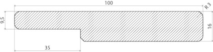 Tvärsnitt av en rektangulär skiva med mått: 100x16 mm, utskärning 35x9,5 mm, avfasning med radie R3. Skraffering inuti.
