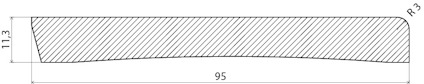 Tvärsnitt av en snedställd list med måtten 11,3 mm x 95 mm och en radie på R3.