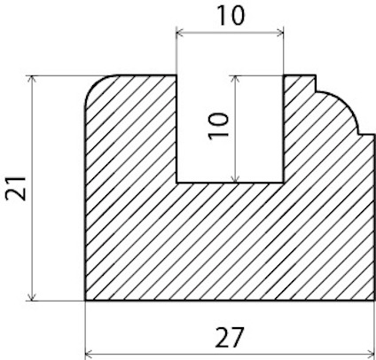 Skiss av en del med urtag; mått 27 x 21 mm totalt, urtag 10 x 10 mm. Streckskuggning inom formen.
