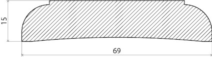 Tvärsnitt av en plana med böjd översida, mått 69 i bredd och 15 i höjd.