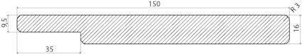 Ritning av en komponent med mått: 95, 150, 16, och 35 med prickad fyllning.