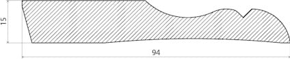 Tvärsnitt av en formad list med måttangivelser 15 och 94 i millimeter.