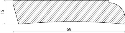 Tvärsnitt av en profil med dimensionerna 15x69 med streckmönster och rundad övre kant.