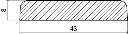 Rektangulär sektion med diagonal skraffering, rundade övre hörn, mått 43x8 markerade.