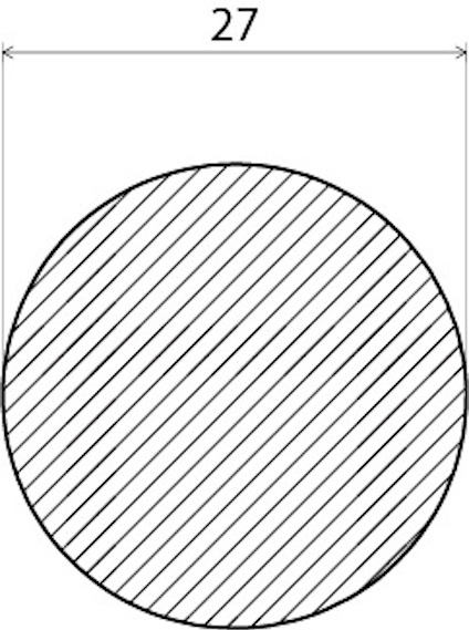 Cirkel med diagonala linjer och märkning "27" ovanför, anger diameter.