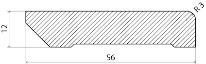 Tvärsnitt av en ritning visar ett objekt med dimensionerna 12 x 56 mm och en radie R3.