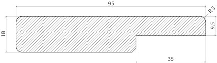 Teknisk ritning av en skiva med måtten 95x18 mm och ett utskuret hörn på 35x9,5 mm. Radie R3 i hörnen.