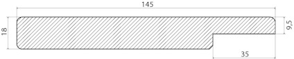 Ritning av en skiva med mått: längd 145, tjocklek 18, höjd på den förlängda delen 9.5, längd 35.