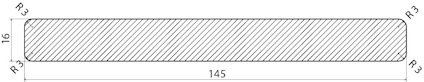 Rektangulär planka med måtten 145 cm x 16 cm och hörnradie R3.