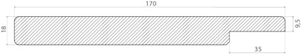 Tvärsnitt av en komponent med måtten 170x18 mm, med en 35x9,5 mm utstickande sektion.
