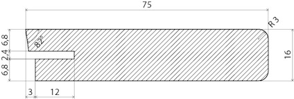 Ritning av rektangulärt föremål, 75x16 mm, med radier R3 och R1. Dimensioner anges i millimeter.