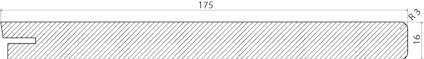 Ritning av en rektangulär planka med måtten 175 x 3 x 16, med diagonala linjer.