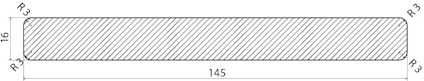 Tvärsnitt av rektangulärt föremål med avrundade hörn (R3), måtten 145x16 enheter.