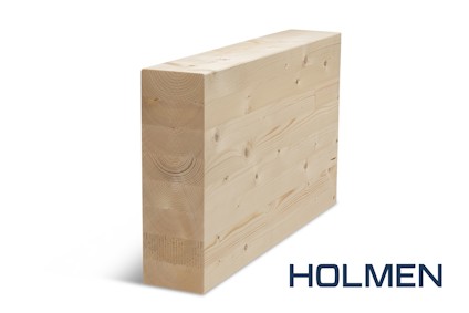 Limträbalk i ljust trä med texten "HOLMEN" bredvid.
