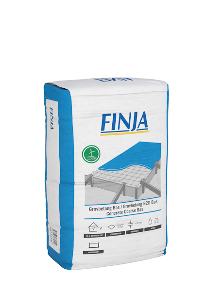 Förpackning av Grovbetong Bas 25 kg med produktnamn och illustration av en betongyta.