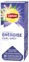 Förpackning med Lipton Earl Grey tepåsar, dekorerad med citrusfrukter och blomdetaljer. 25 tepåsar.