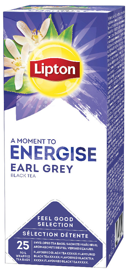 Förpackning med Lipton Earl Grey tepåsar, dekorerad med citrusfrukter och blomdetaljer. 25 tepåsar.