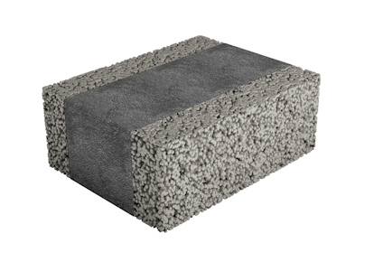 Rektangulärt isolerblock i grått material med en mörkare kärna och kornig textur.
