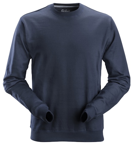 Mörkblå sweatshirt med rund hals och långa ärmar.
