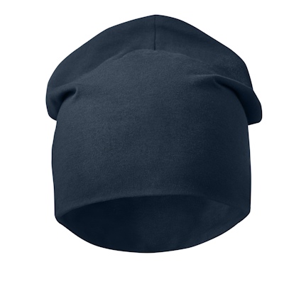 Mörkblå bomullsbeanie i enfärgat tyg, visad framifrån.