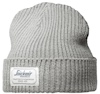 Ljusgrå ribbstickad mössa med uppvikt kant och ett vitt märke med texten "Snickers Workwear" framtill.