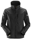 Svart softshell-jacka med ståkrage och dragkedja, en bröstficka med vertikal dragkedja.