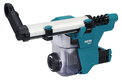 Dammuppsamlare i blått och svart med genomskinlig behållare och HEPA-filter, märkt Makita.