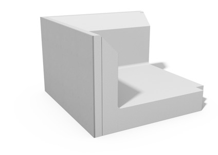 Vitt hörnformat byggmaterial med raka kanter och tydliga vinklar, mot en vit bakgrund.