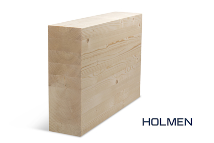Limträbalk av ljust trä med synliga skikt. Texten "HOLMEN" står till höger om balken.