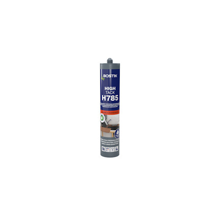 Förpackning av Bostik H785 High Tack monteringslim med blå etikett och vit text.