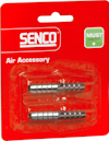 Två metallnipplar för slang på röd förpackning med Senco-logotyp och texten "Air Accessory".